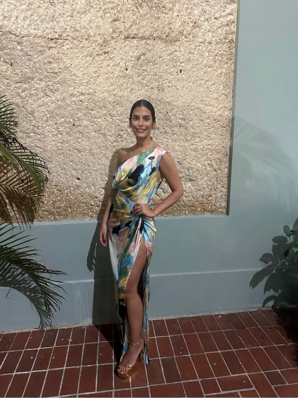 Luxxel One-Shoulder Multicolor Abstract Maxi Dress in Blue, Pink & Yellow